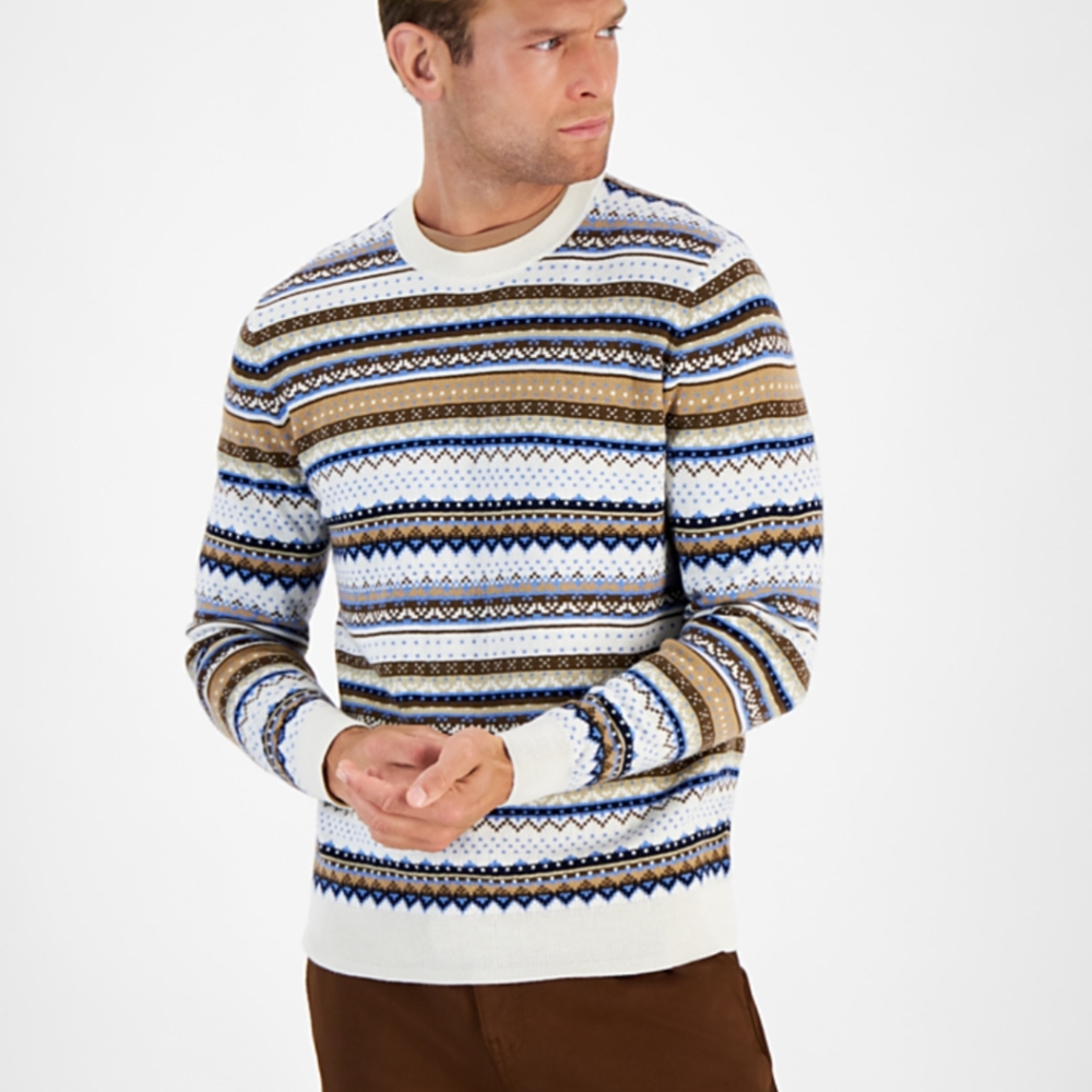 Club Room Men's Striped Fair Isle Merino Crewneck Sweater